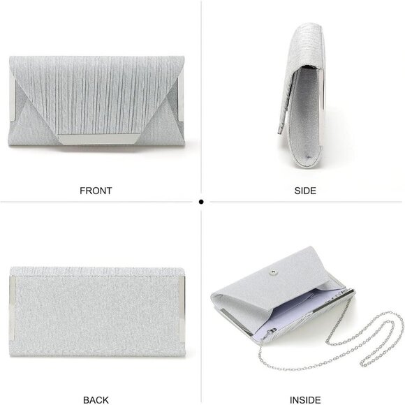 🆕Women Silver Polyester Evening Bag Clutch Crossbody Shoulder  Wedding Party - Picture 7 of 7